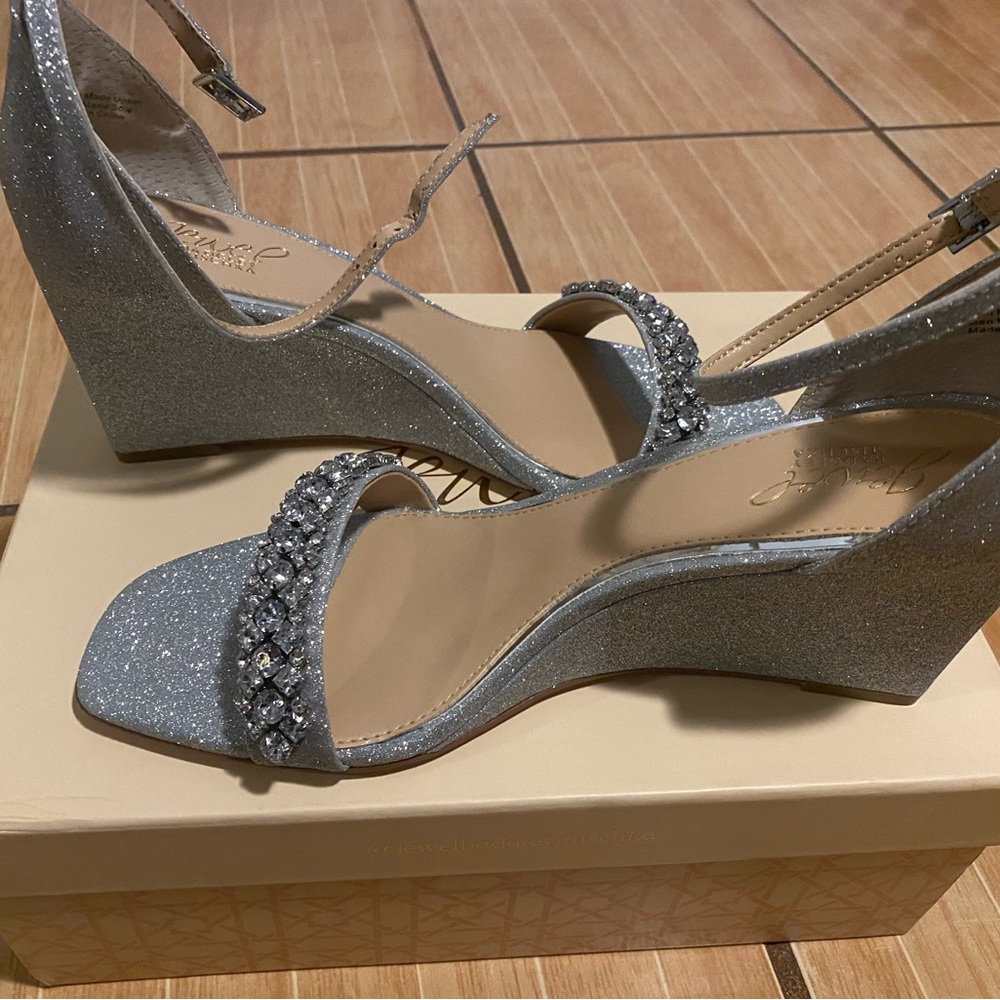Jewel Badgley Mischa silver wedge shoes